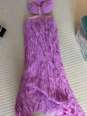 Strapless Purple Ruffled Evening Gown with Rhinestone Waist (Fits small-medium)